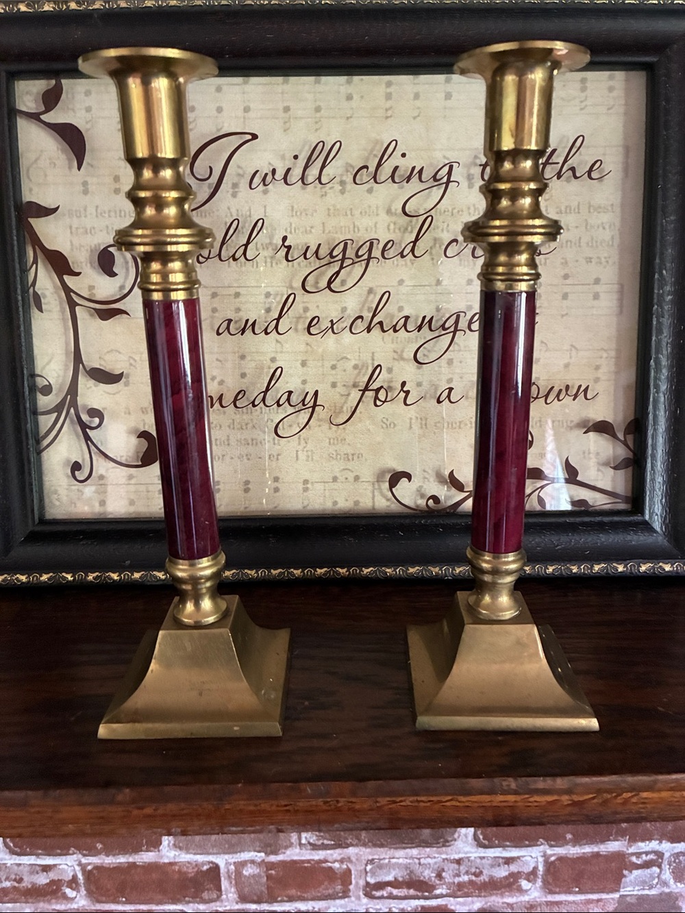 Brass and Burgundy Home Accents Candlestick Pair